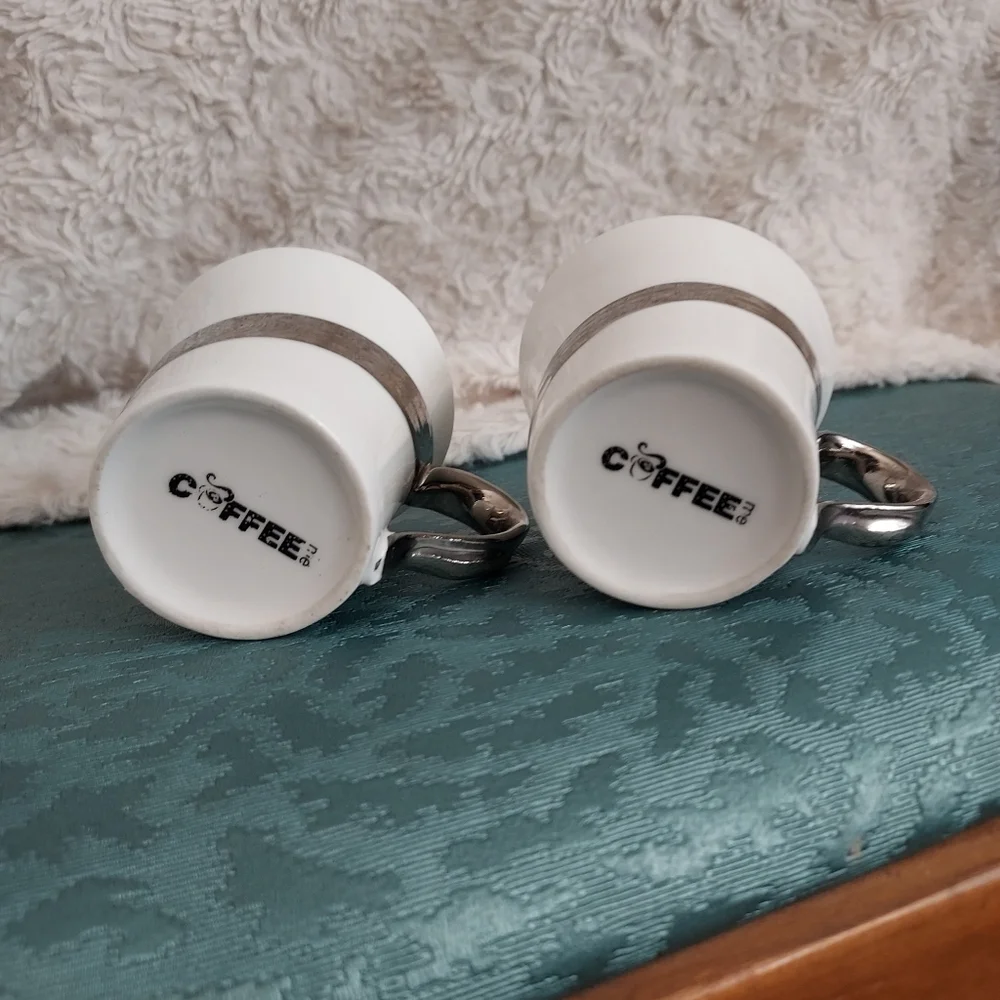 Coffee Me Elegant White and Silver Demitasse Espresso Cups (2) Java